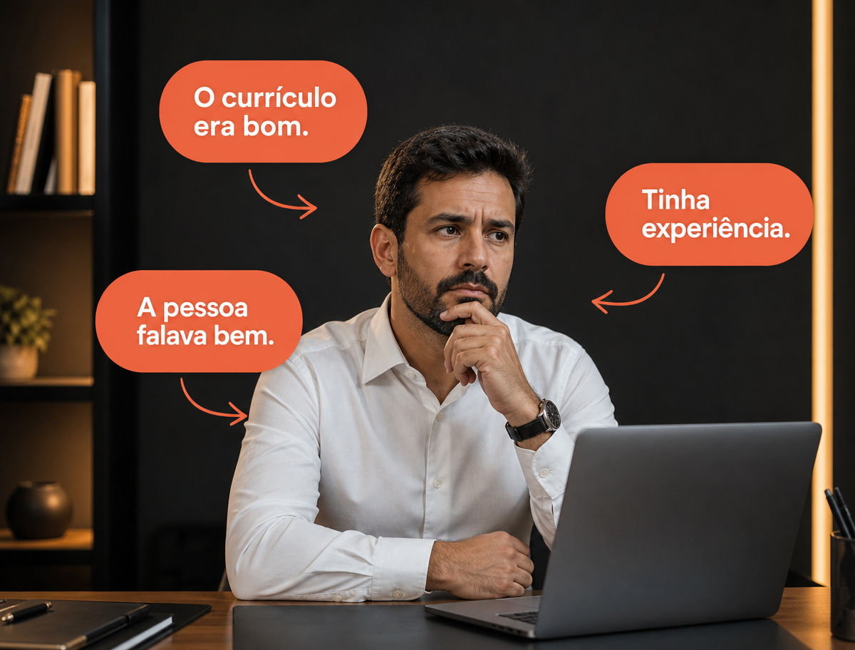 Empresário pensando: O currículo era bom. A pessoa falava bem. Tinha experiência.